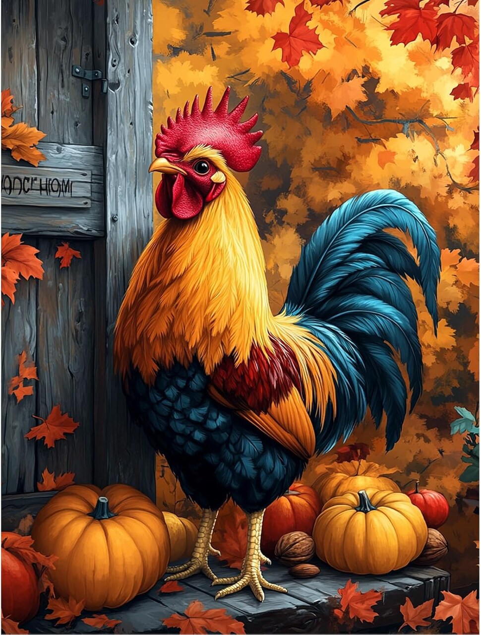 5D Diamond Painting Kits for Adults, Rooster Diamond Art Fall Kit for Beginners, Full Round Drills Pumpkin Chicken Diamond Dots on Canvas Painting by Diamonds for Wall Decor 12 x 16 Inches